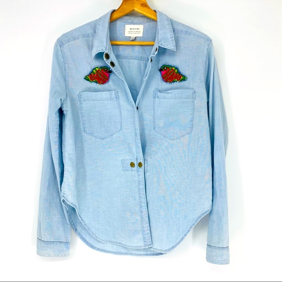 McGuire Denim Embroidered Bird Long Sleeve Chambray Button-Front Top XS - Picture 4 of 9